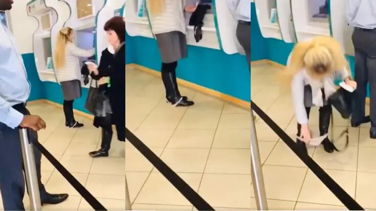 VIRAL: mujer protagoniza vergonzosa escena en el banco: ¡se le cayó la ropa interior a los pies enfrente de todos!