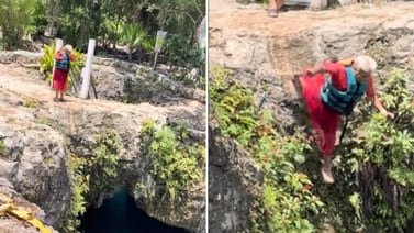 VIDEO VIRAL: Señora vence su miedo, se avienta de cenote, pero ¡cae de panza!