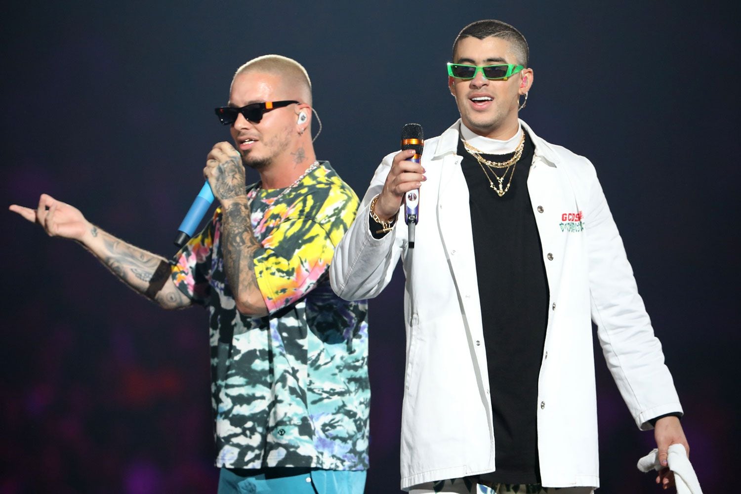 MIAMI, FL - MARCH 14:  J Balvin and Bad Bunny perform on stage during the Bad Bunny concert at the American Airlines Arena on March 14, 2019 in Miami, Florida.  (Photo by Alexander Tamargo/Getty Images)