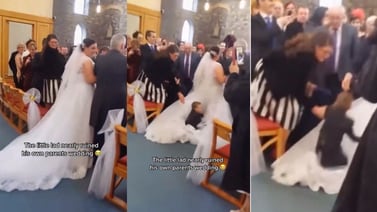 Viral: Niño atrapa las miradas al saltar sobre el vestido de la novia en plena boda