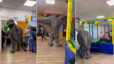 ¡Sorpresa fail! Papá contrata botarga de dinosaurio para fiesta de su hijo y aterroriza a invitados