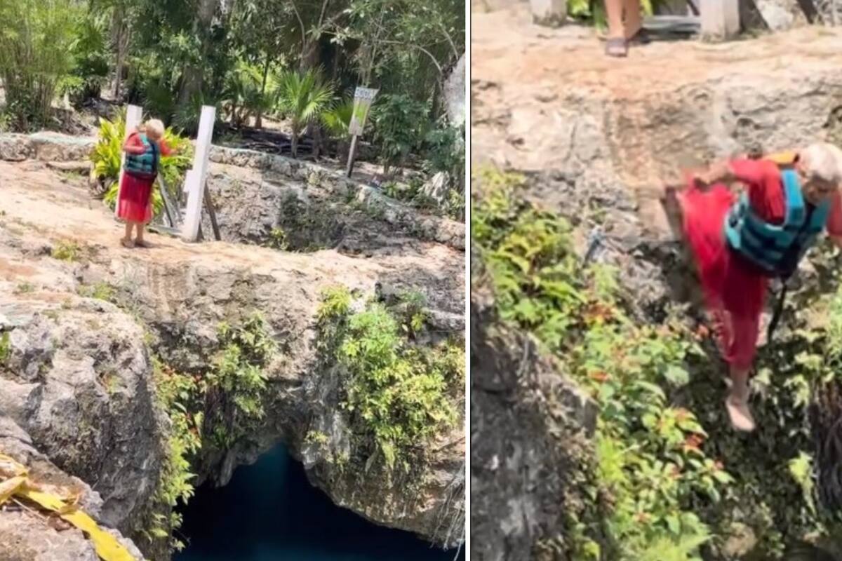 VIDEO VIRAL: Señora vence su miedo, se avienta de cenote, pero ¡cae de panza!