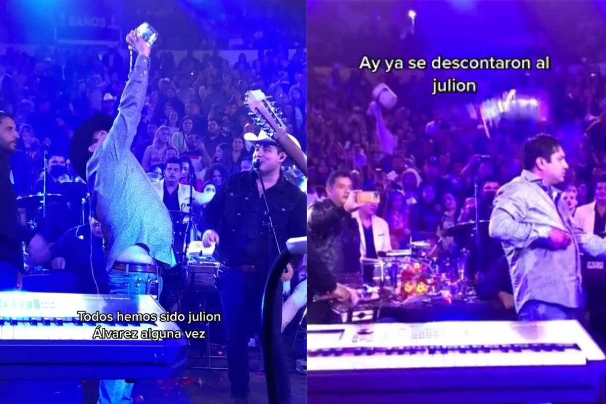 Julión Álvarez se pasa de copas en concierto; recibe botellazo y toca el acordeón imaginario