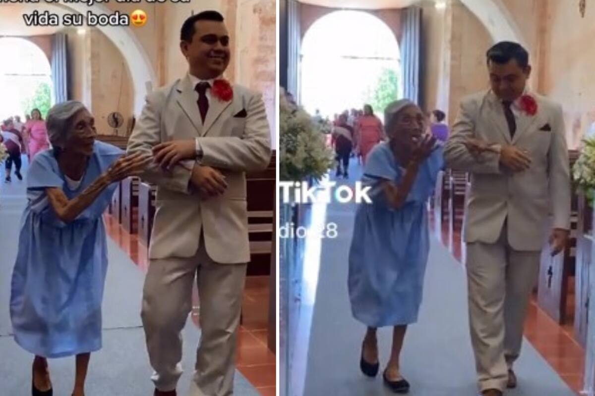 VIDEO: En su boda, novio entra al altar tomado de la mano de su abuelita y conmueve a todos