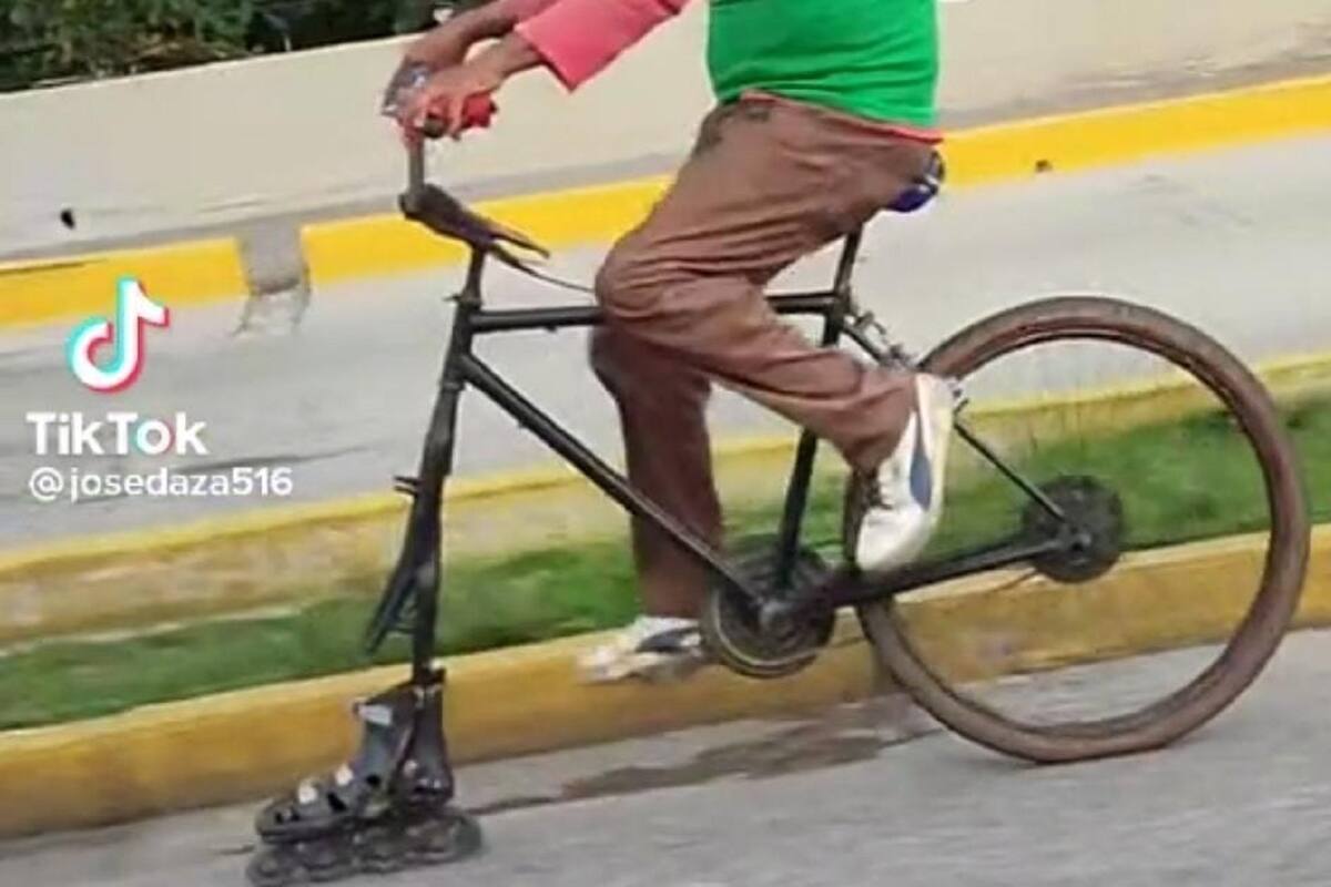 VIDEO VIRAL: Captan a sujeto usando un patín como llanta en su bicicleta
