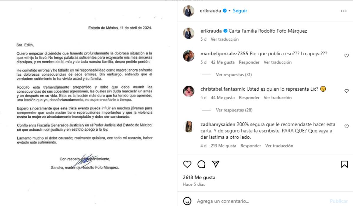 Carta de disculpas de la madre de "Fofo" Márquez hacía Edith.