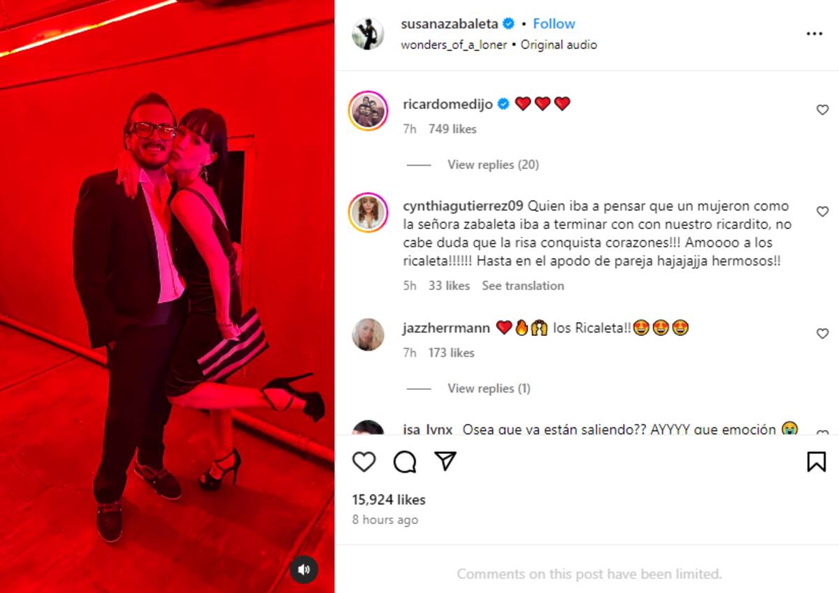 Susana Zabelta comparte a Ricardo Pérez en sus redes sociales.