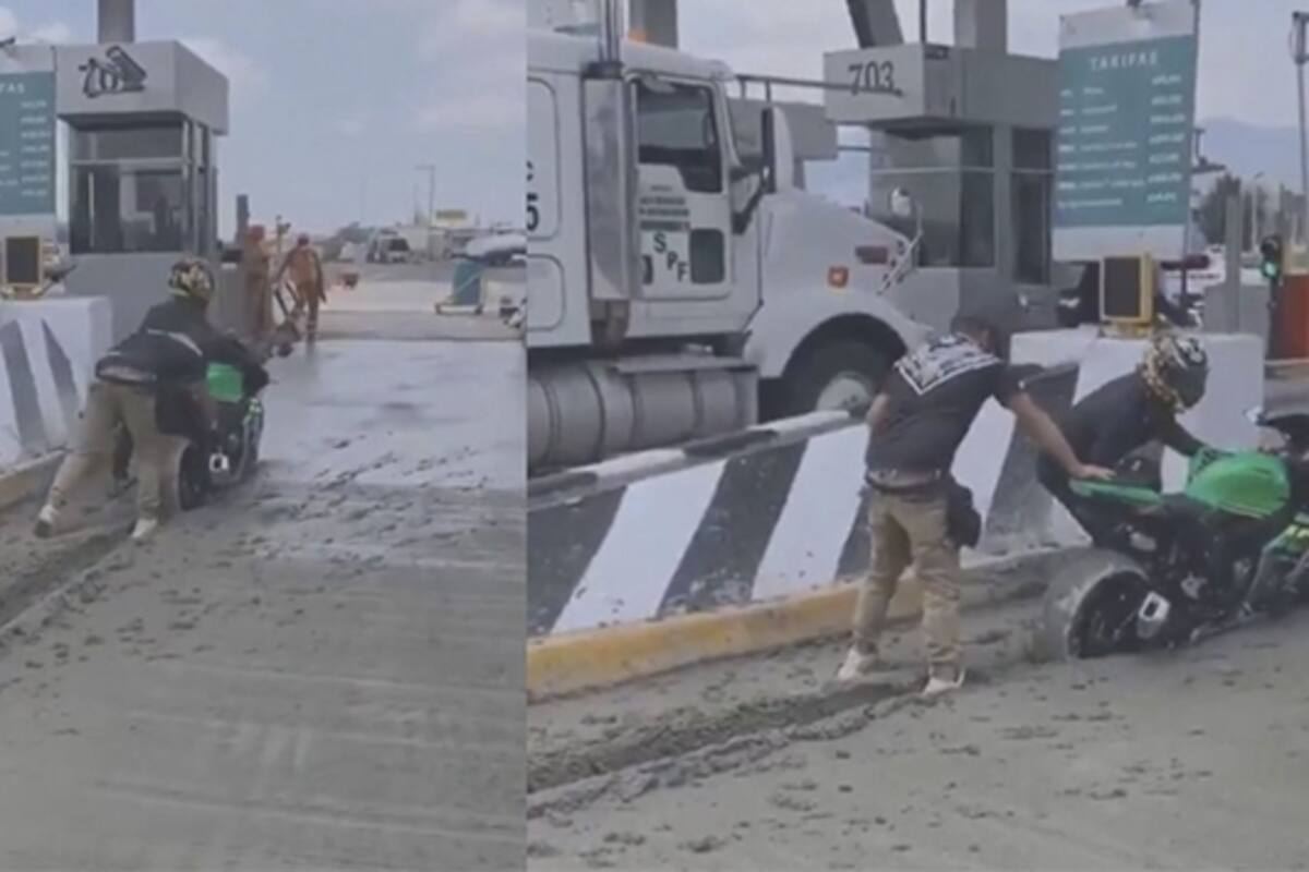 ¡Karma instantáneo! Motociclistas intentan no pagar caseta y se atascan en cemento fresco