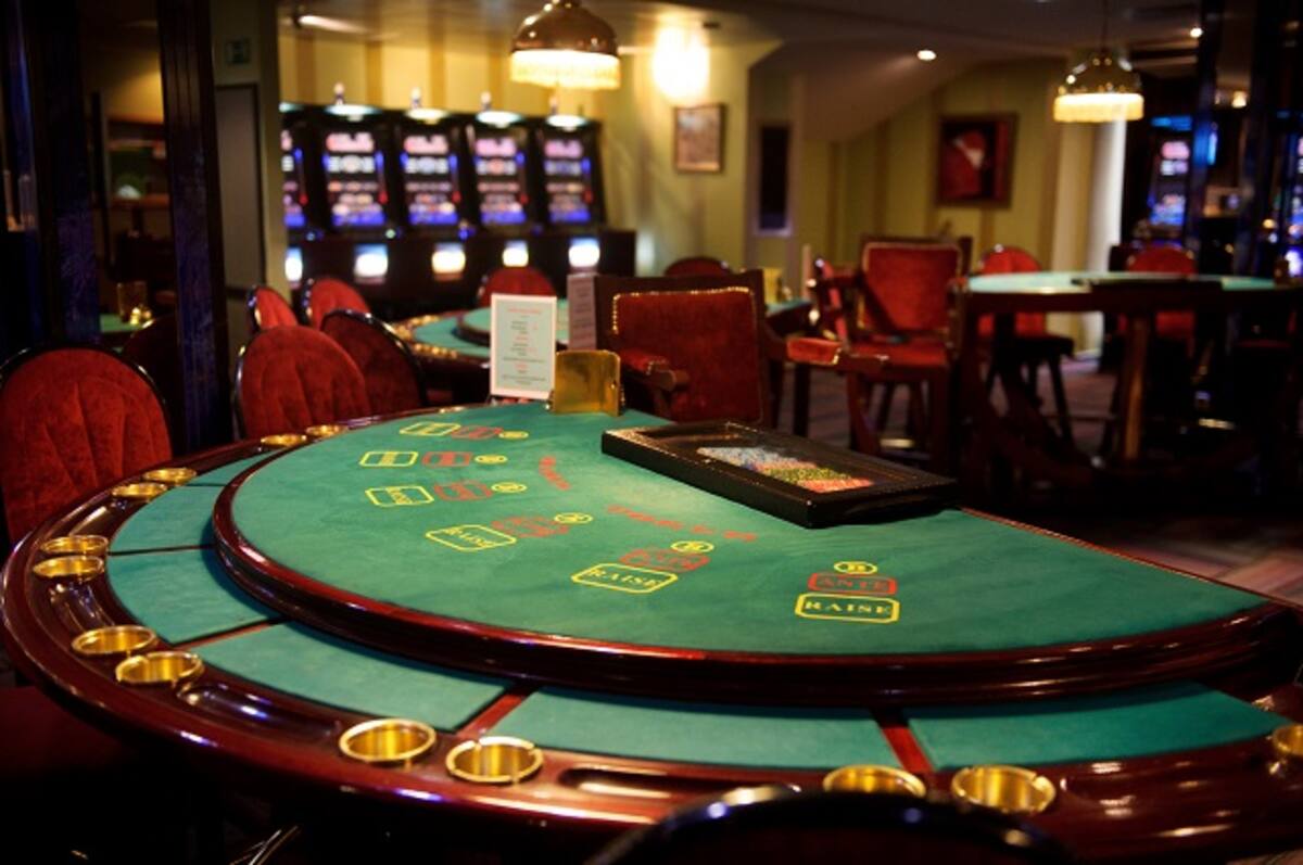 An empty blackjack table in a casino.