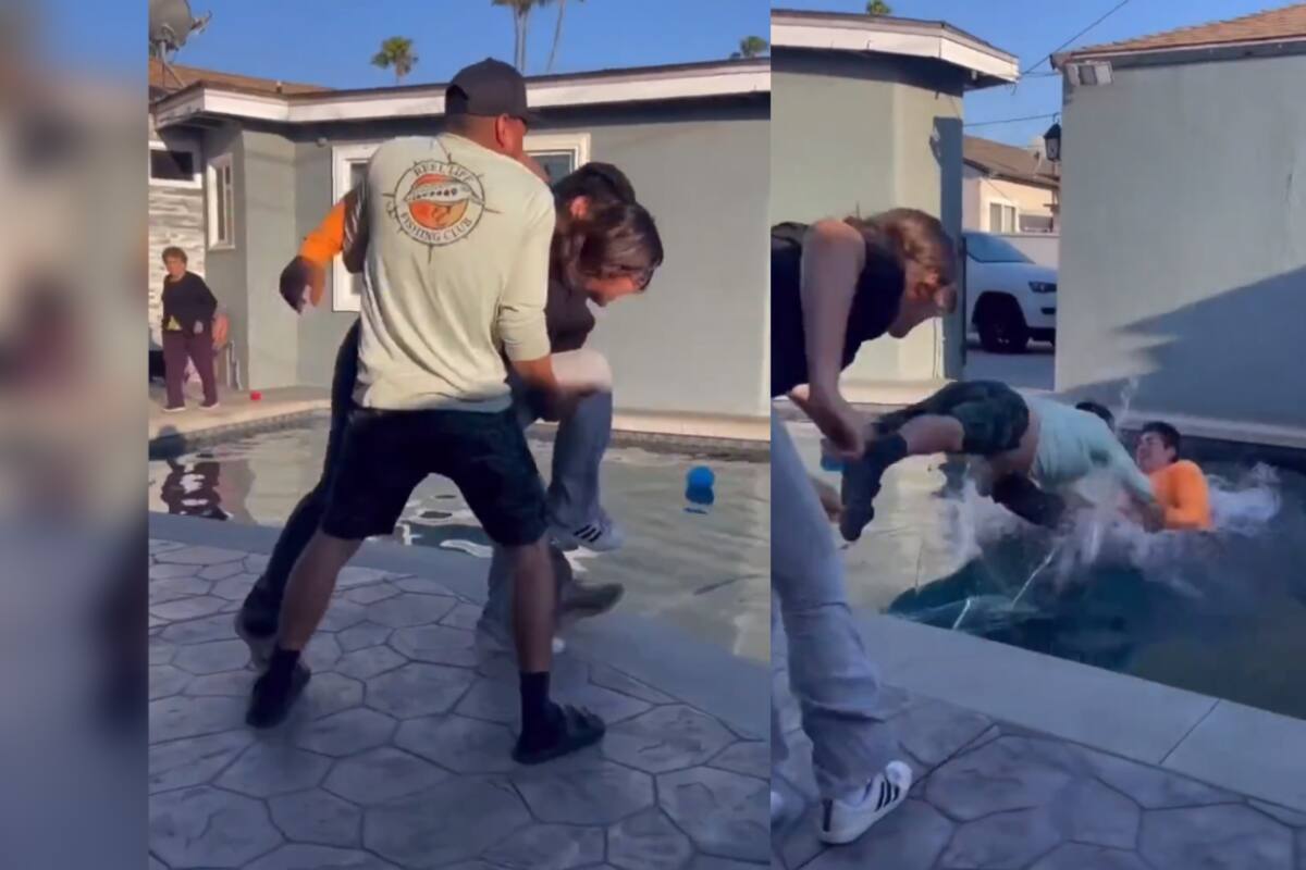 VIRAL: dos hombres quisieron arrojar a su amiga en la piscina, ¡pero ellos terminaron en el agua!