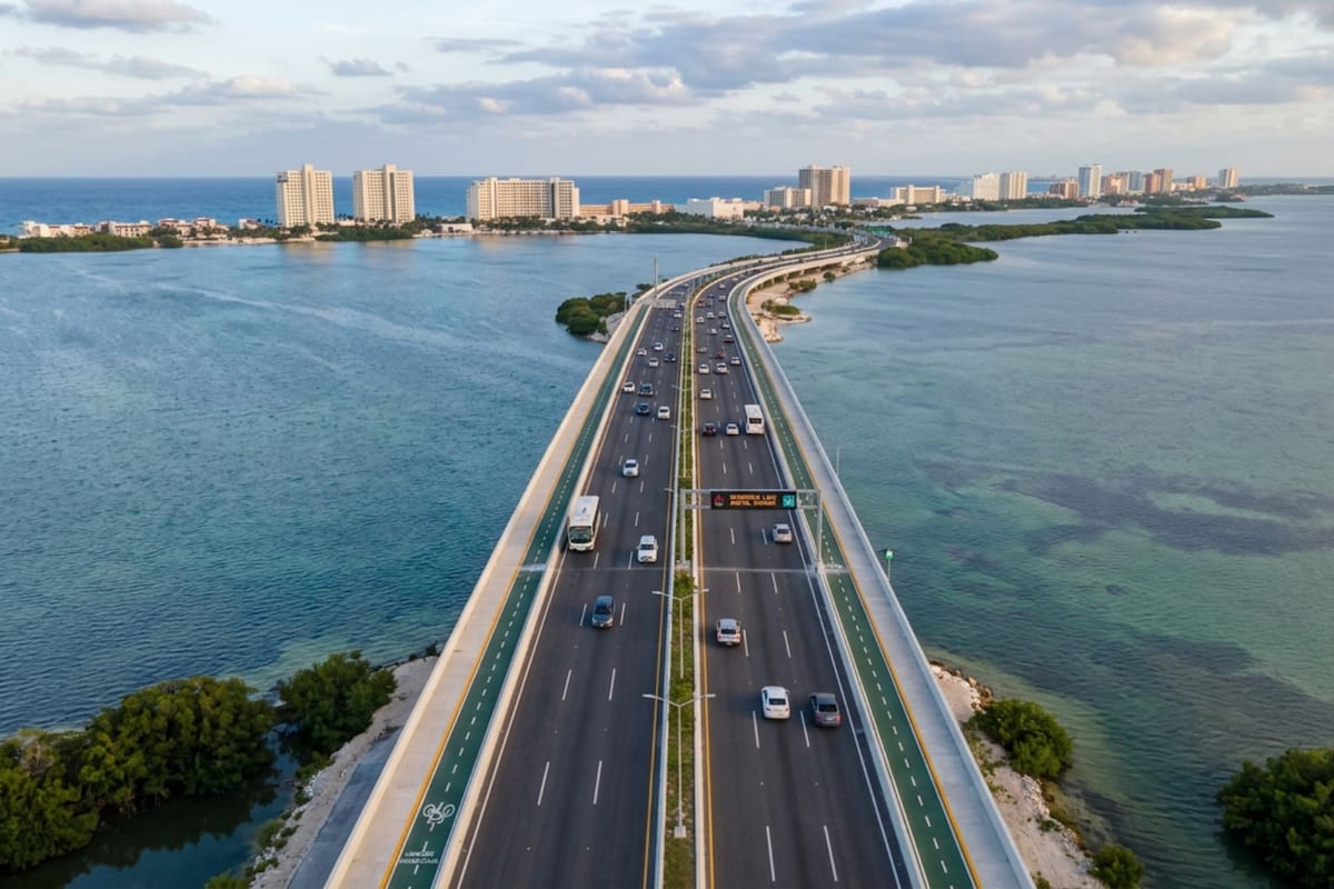 La Secretaría de Infraestructura, Comunicaciones y Transportes reporta un 92% de avance en el Puente Vehicular Nichupté que unirá Cancún y la zona hotelera con 11.2 km sobre la laguna, beneficiando a 1.3 millones de personas y más de 20 millones de visitantes