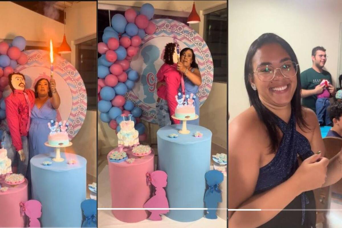 Mujer "embarazada" de un muñeco de trapo celebra fiesta de revelación de género