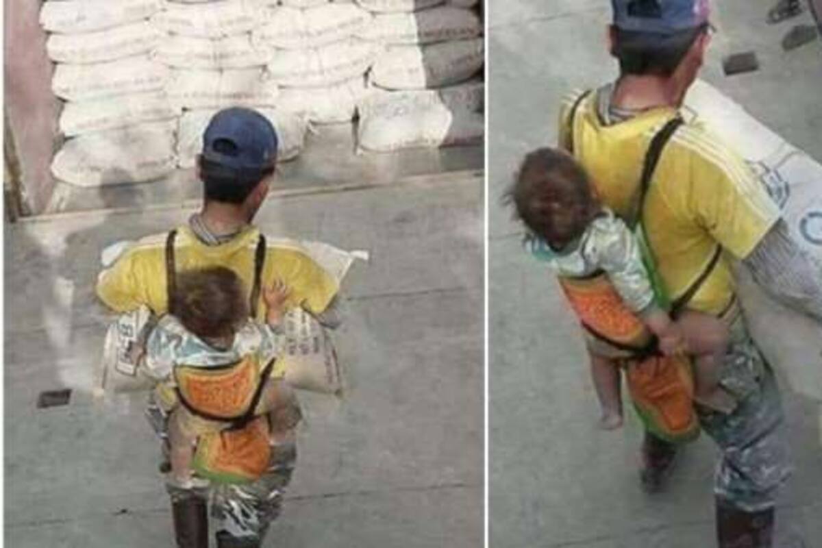 VIRAL: Enternece foto de albañil trabajando con su bebé en la espalda