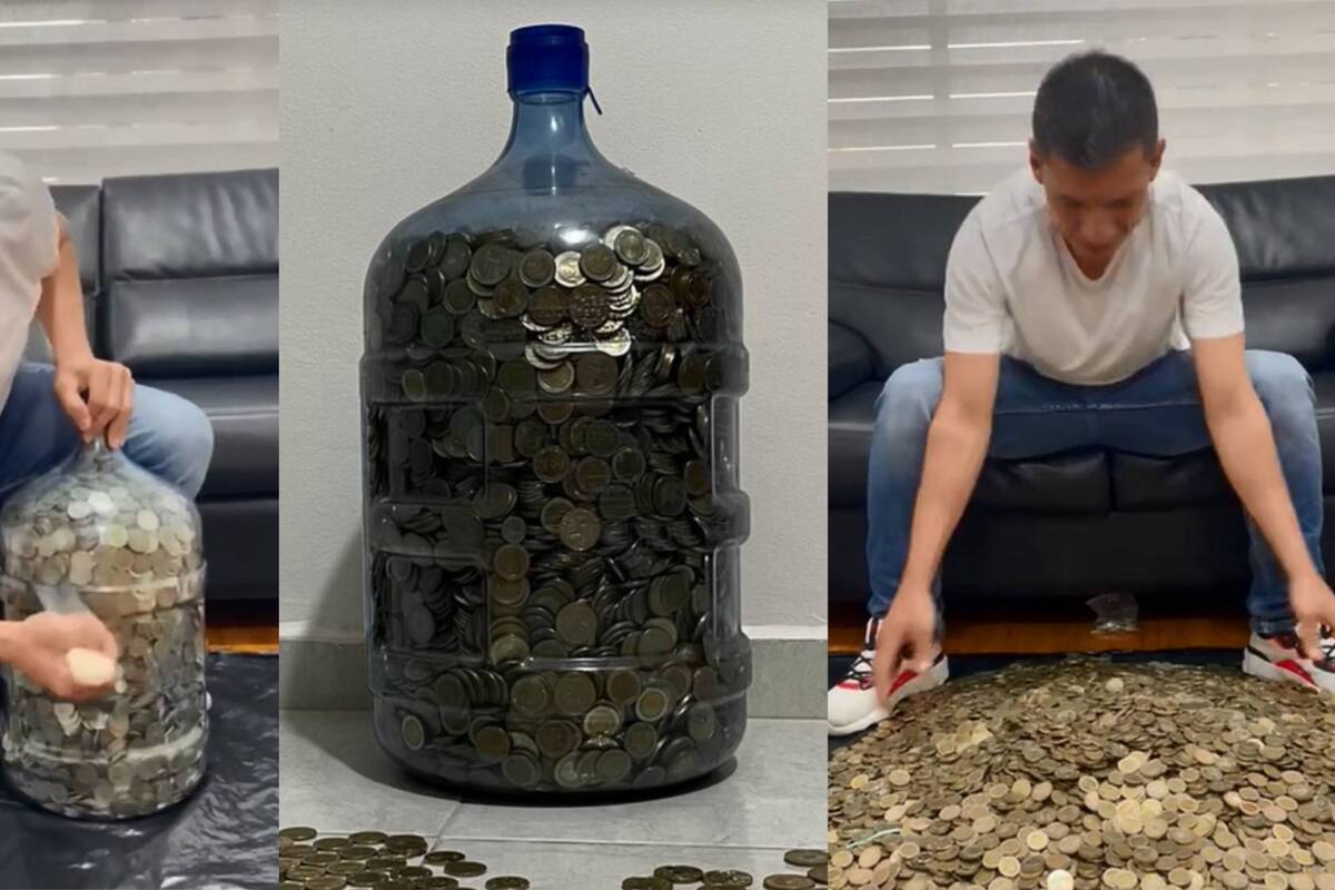 Joven llenó garrafón con monedas durante cuatro años y esto fue lo que juntó