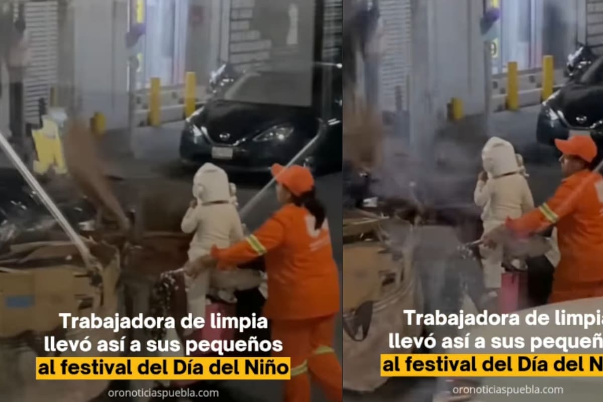 Madre que trabaja en limpieza transporta a sus hijos en su carrito al festival del Día del Niño y genera admiración
