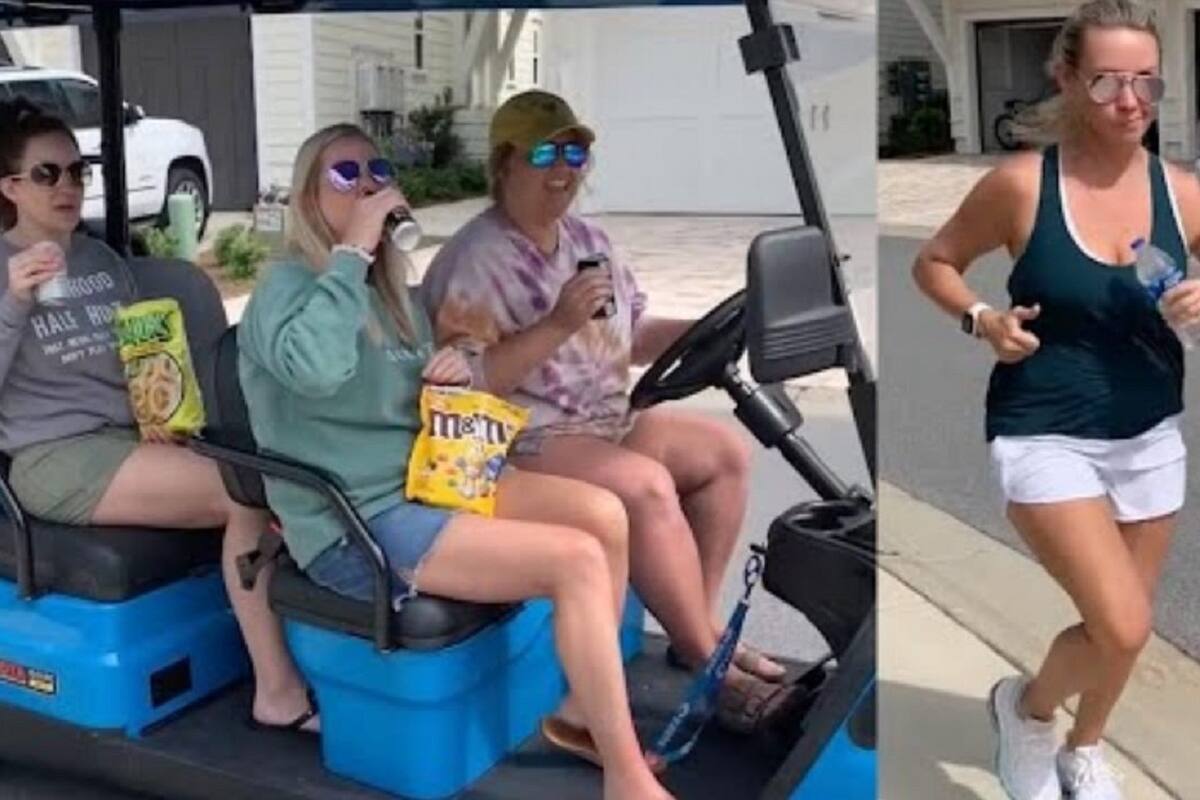 Mujeres motivan a su amiga a correr mientras comen comida chatarra en un carrito de golf