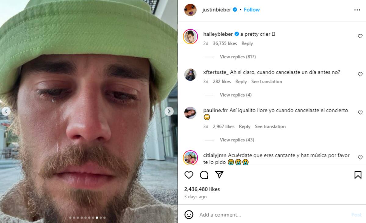 Hailey Bieber respondió a la publicación de su esposo: "Un bonito llorón".
